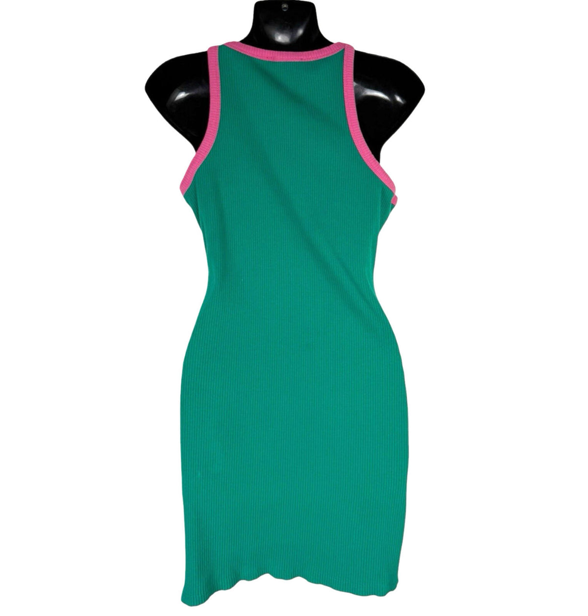 Primark Ribbed Mini Dress Women's UK Size 14 Sleeveless Stretch Green Pink Trim