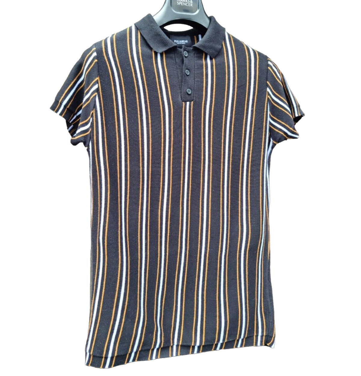Pull&Bear Polo Shirt Men's UK Size S Black Knit Striped Jersey Tee Summer
