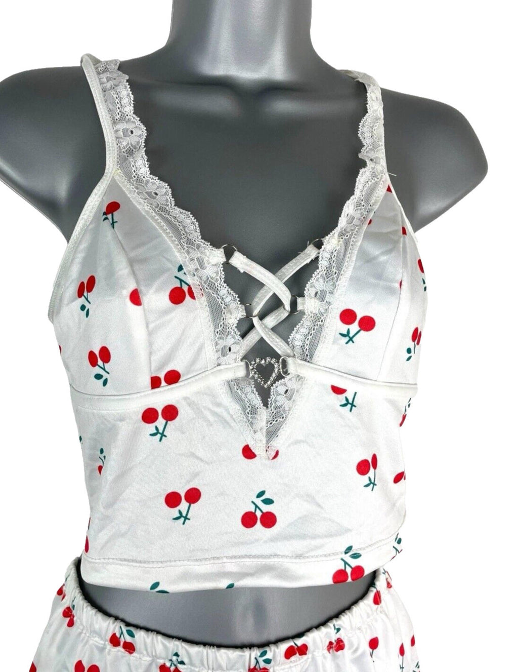 White Satin Shorts & Crop Top Co Ord Cherry Print Women's UK Size 6-8