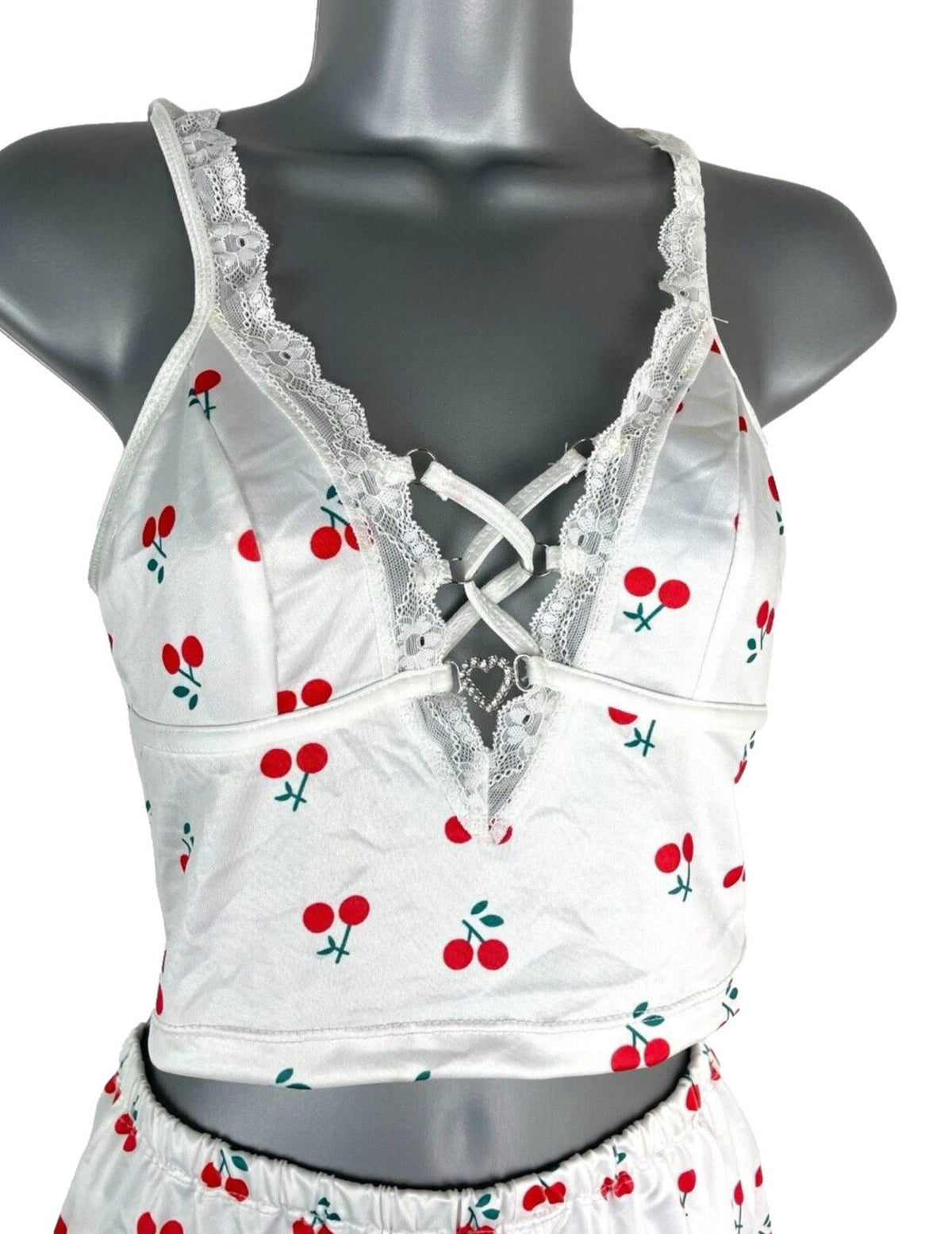 White Satin Shorts & Crop Top Co Ord Cherry Print Women's UK Size 6-8