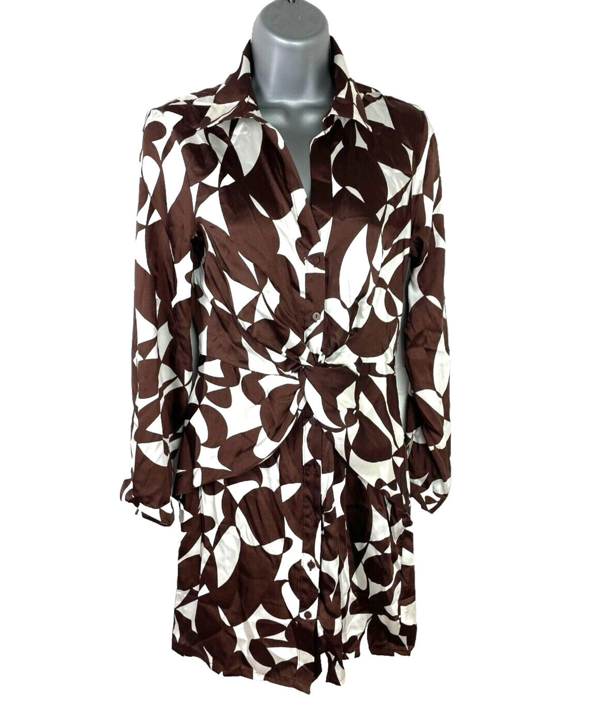 Stradivarius Brown Print Satin Shirt Dress Twist Detail Women’s UK Size XS