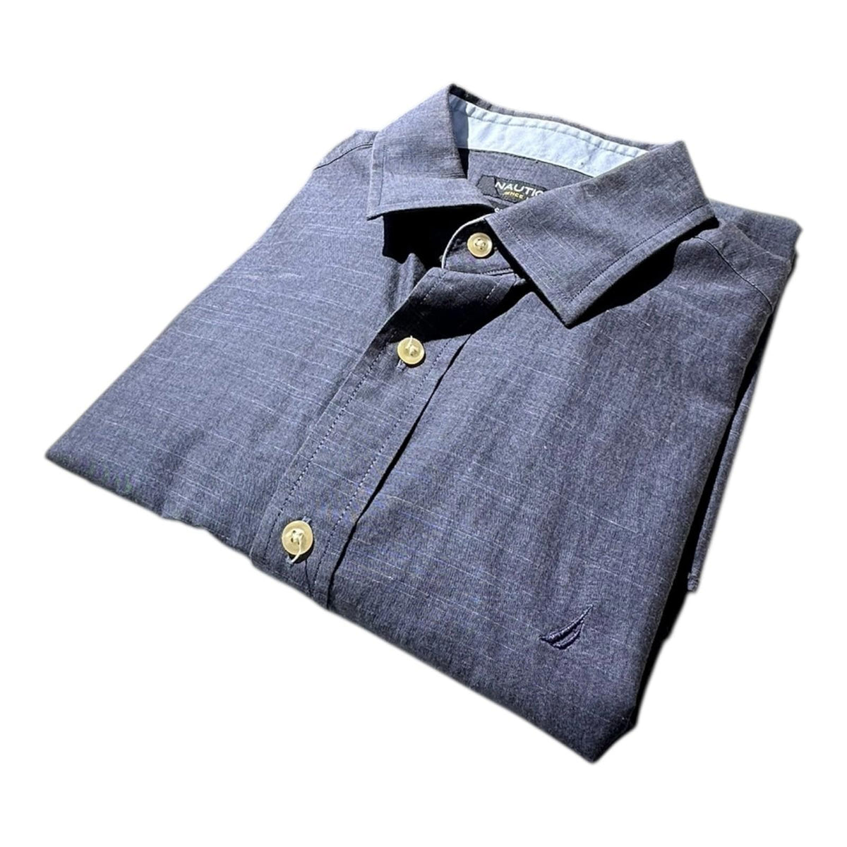Nautica Shirt Men's UK Size L Blue Solid Long Sleeve Embroidered Logo Wing Collar