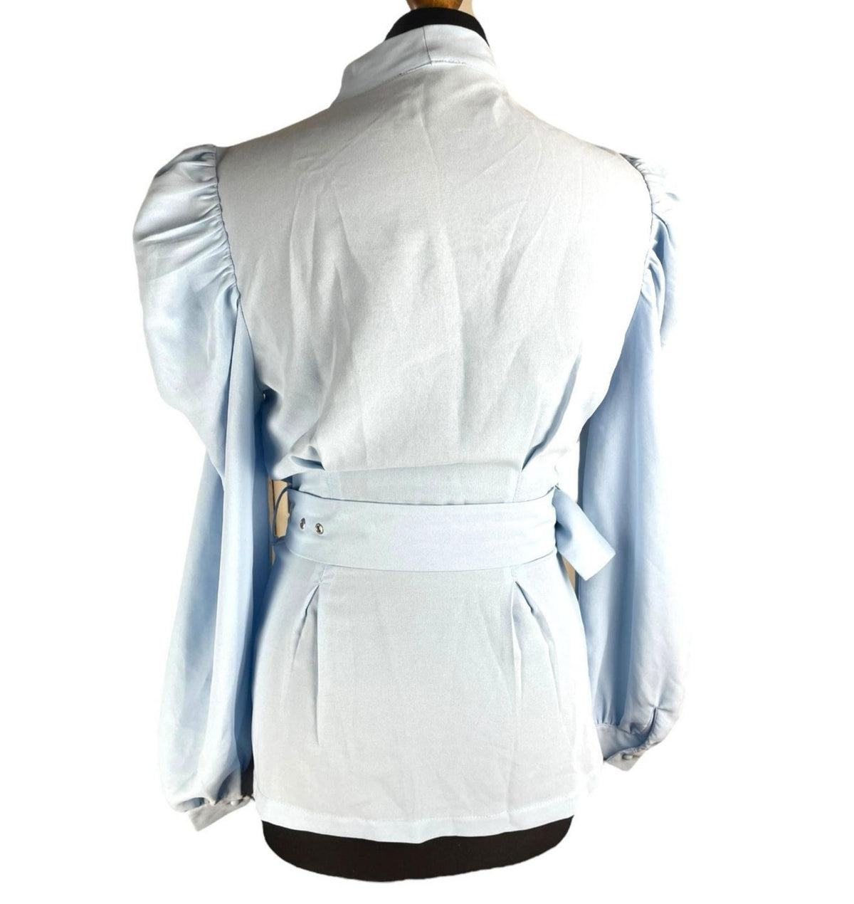 Style LightBlue In The Style Blouse Women's UK Size 10 Belted Waist Puff Shoulder Sleeves Plunge