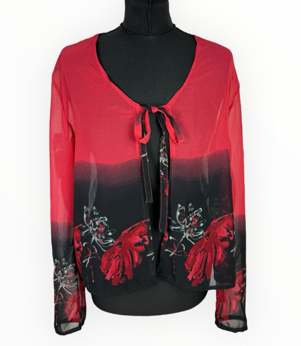 Floral Dress Set Women's UK Size XL (16) Chiffon Midi Cardigan & Scarf Black Red