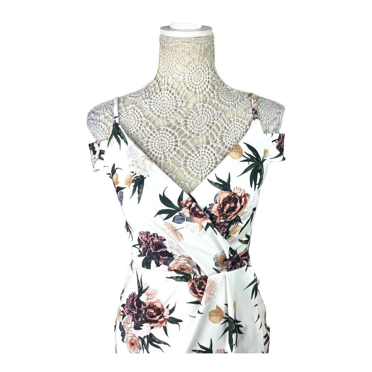 Boohoo Wrap Midi Dress Women’s UK Size 10 White Floral Cold Shoulder Cap Sleeve