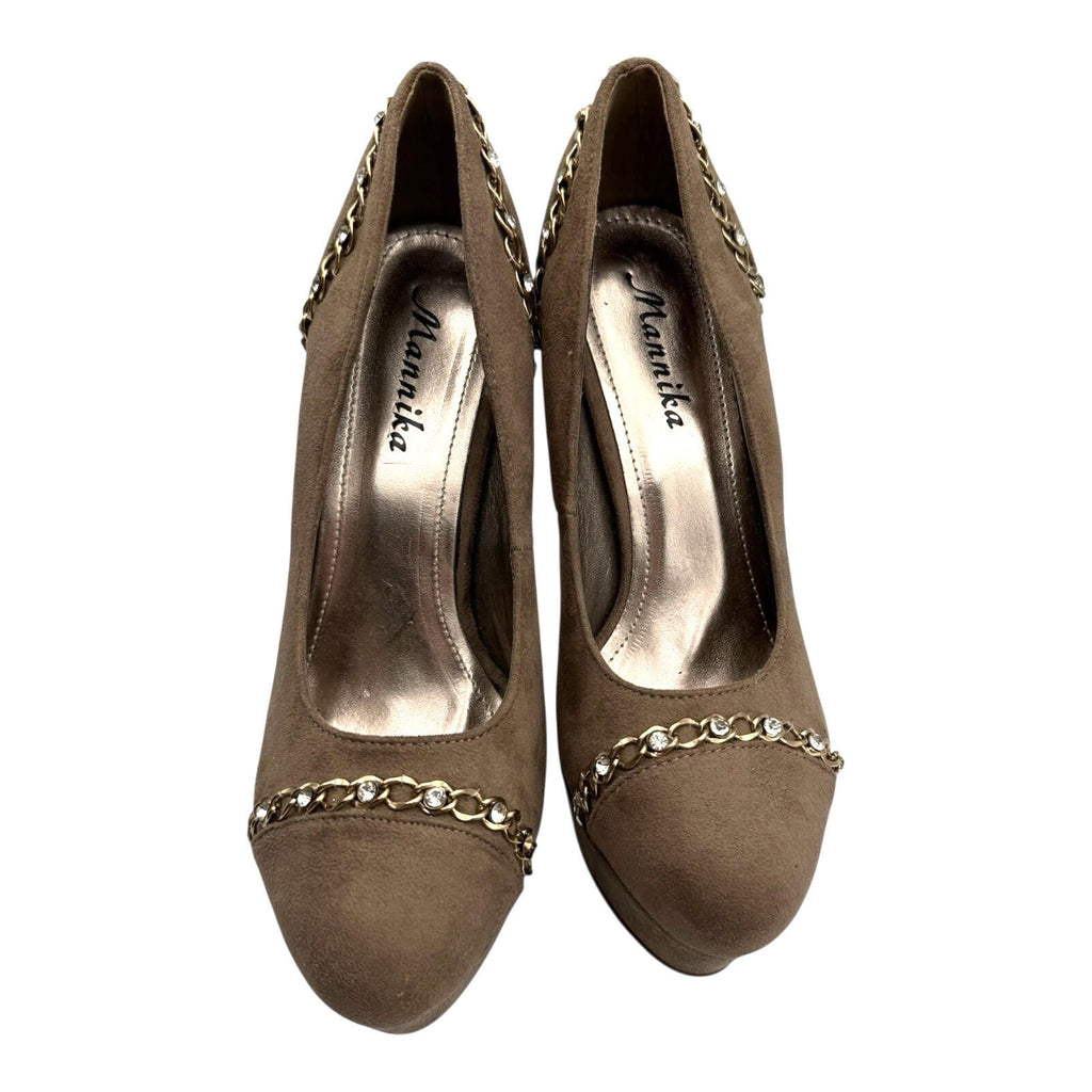 Mannika Tan Mannika Platform Stiletto Women's UK Size 6 Chain Diamante Detail Brown Suede
