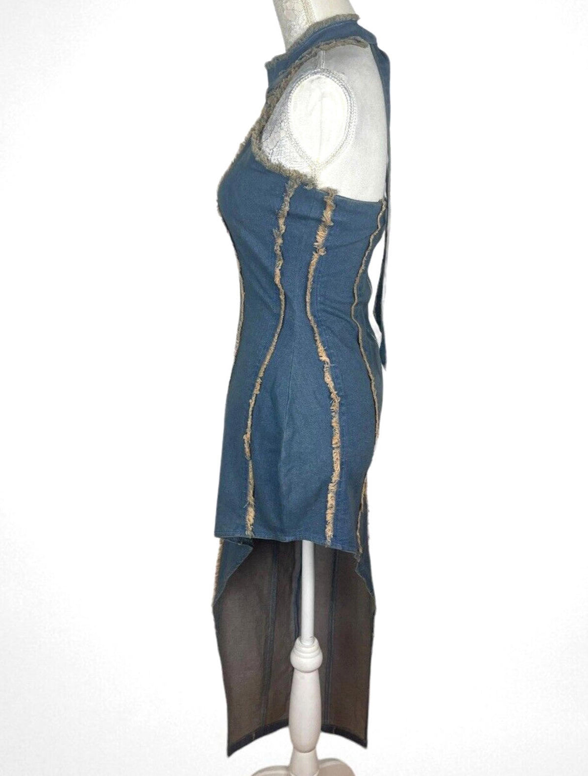 Denim Dress Irregular Stretch Halterneck Tapered Seems Women's UK Size 8