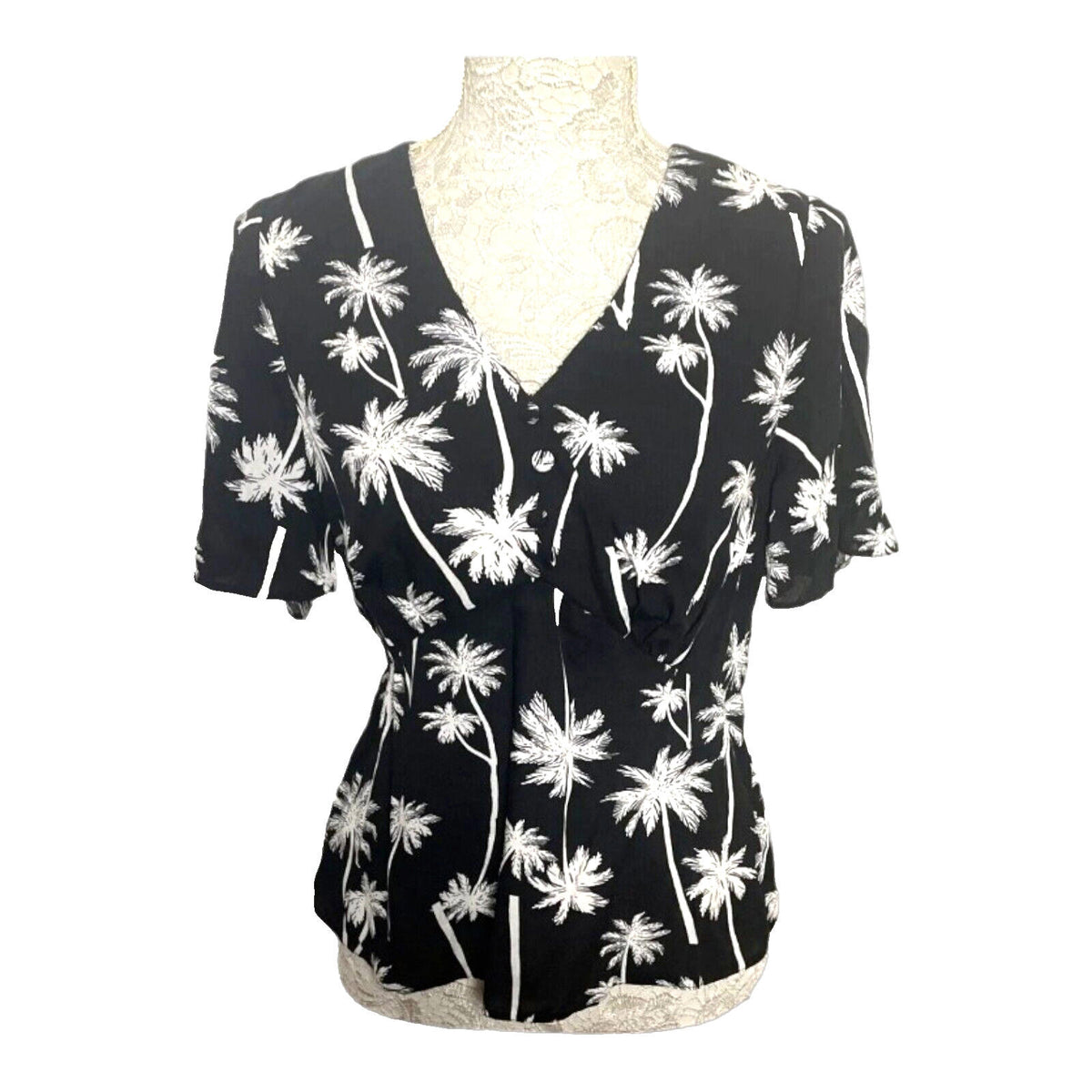 George Blouse Palm Print Black Short Sleeve Top Women's UK Size 14