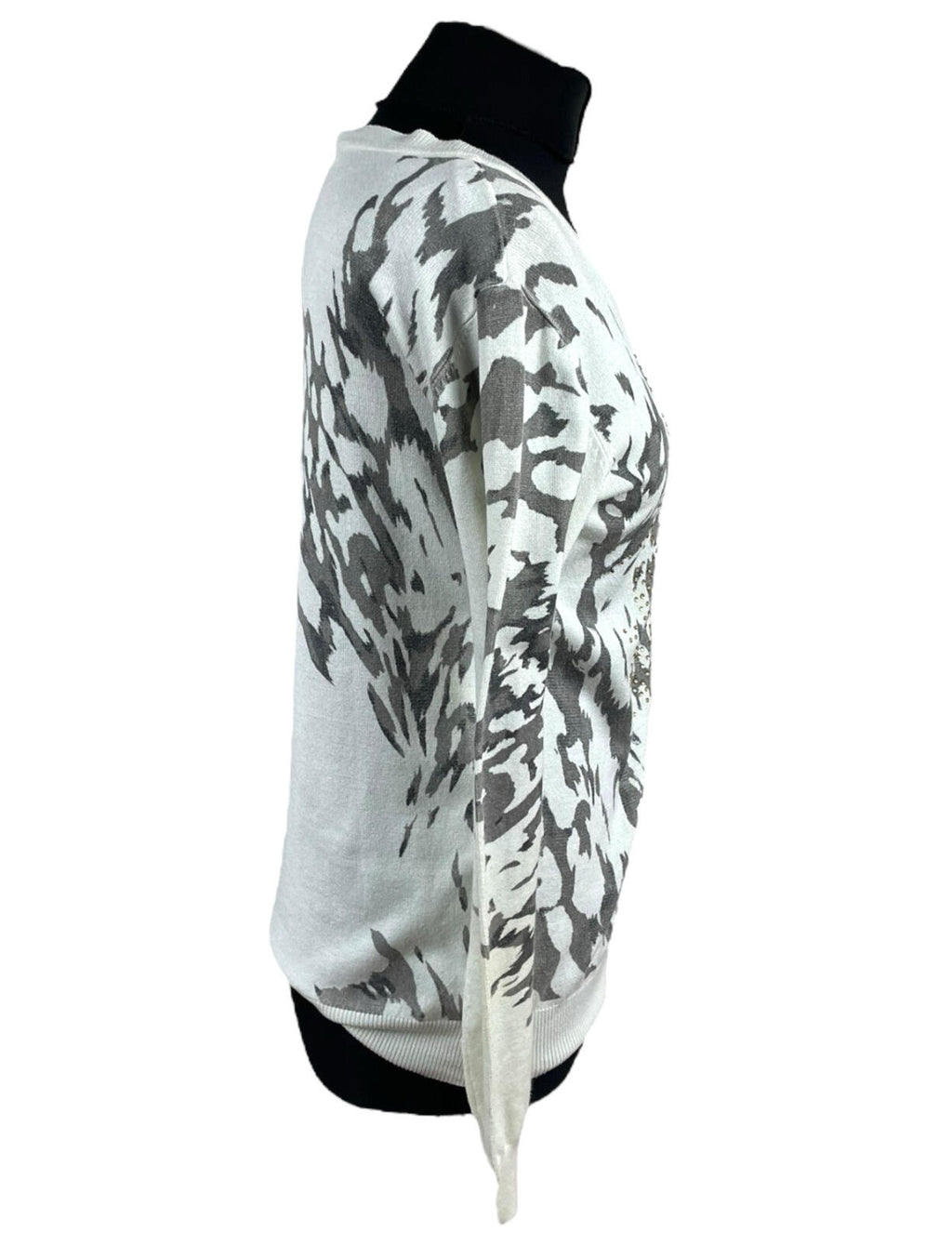 Just Elegance Thin White Jumper Grey Gold Pattern Round Neck Women's UK Size L