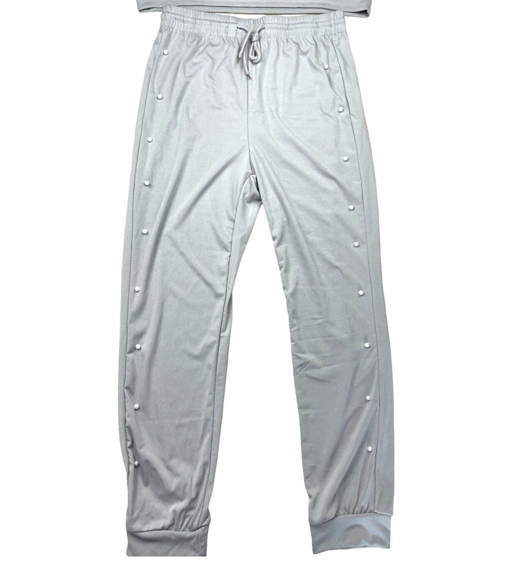 Pearl Embellished Tracksuit Co-Ord Set Women's UK Size L Grey Jog Pants & Top