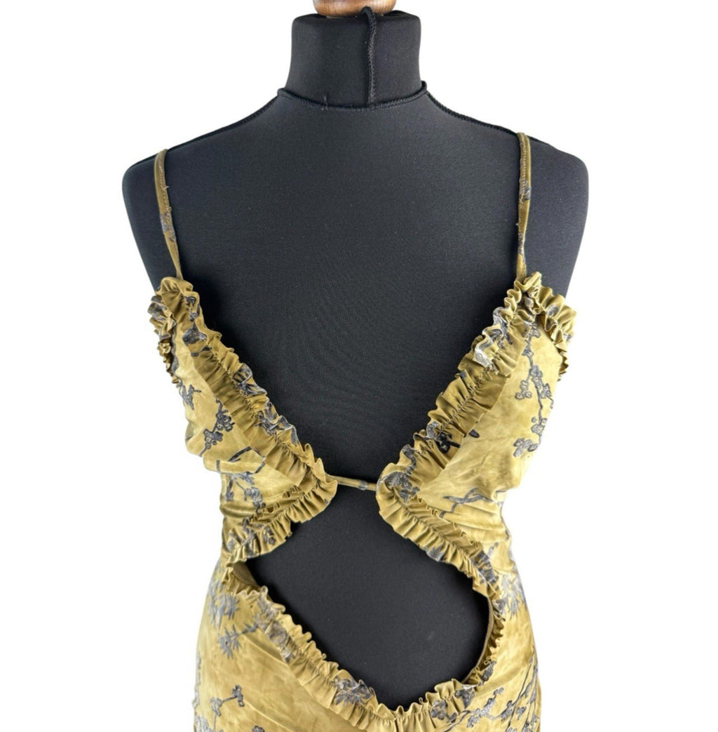 Pretty Little Thing Floral Bodycon Dress Gold Women's UK Size 8 Ruched Cut Out Waist