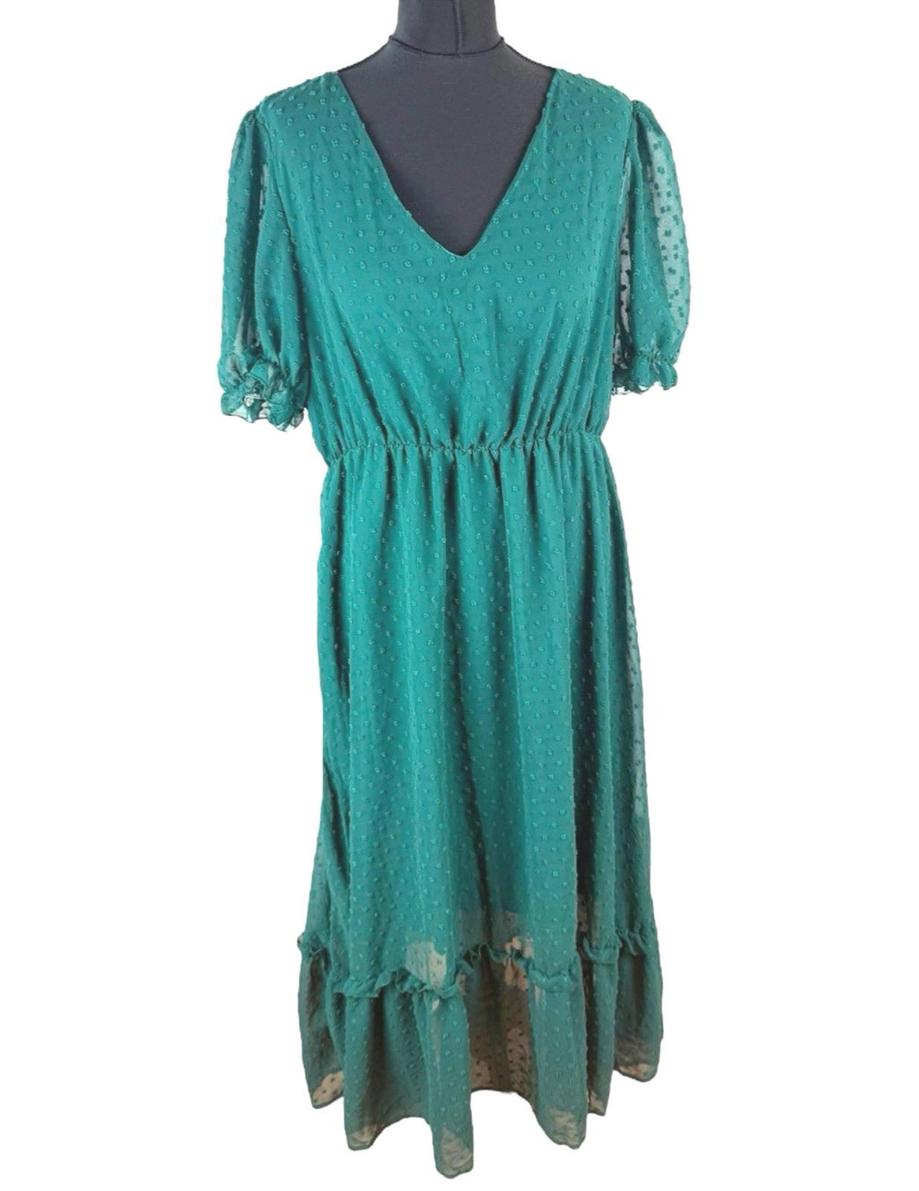 Shein Curve Green Textured Maxi Dress Polka Dot Puff Sleeve Women’s UK Size 16
