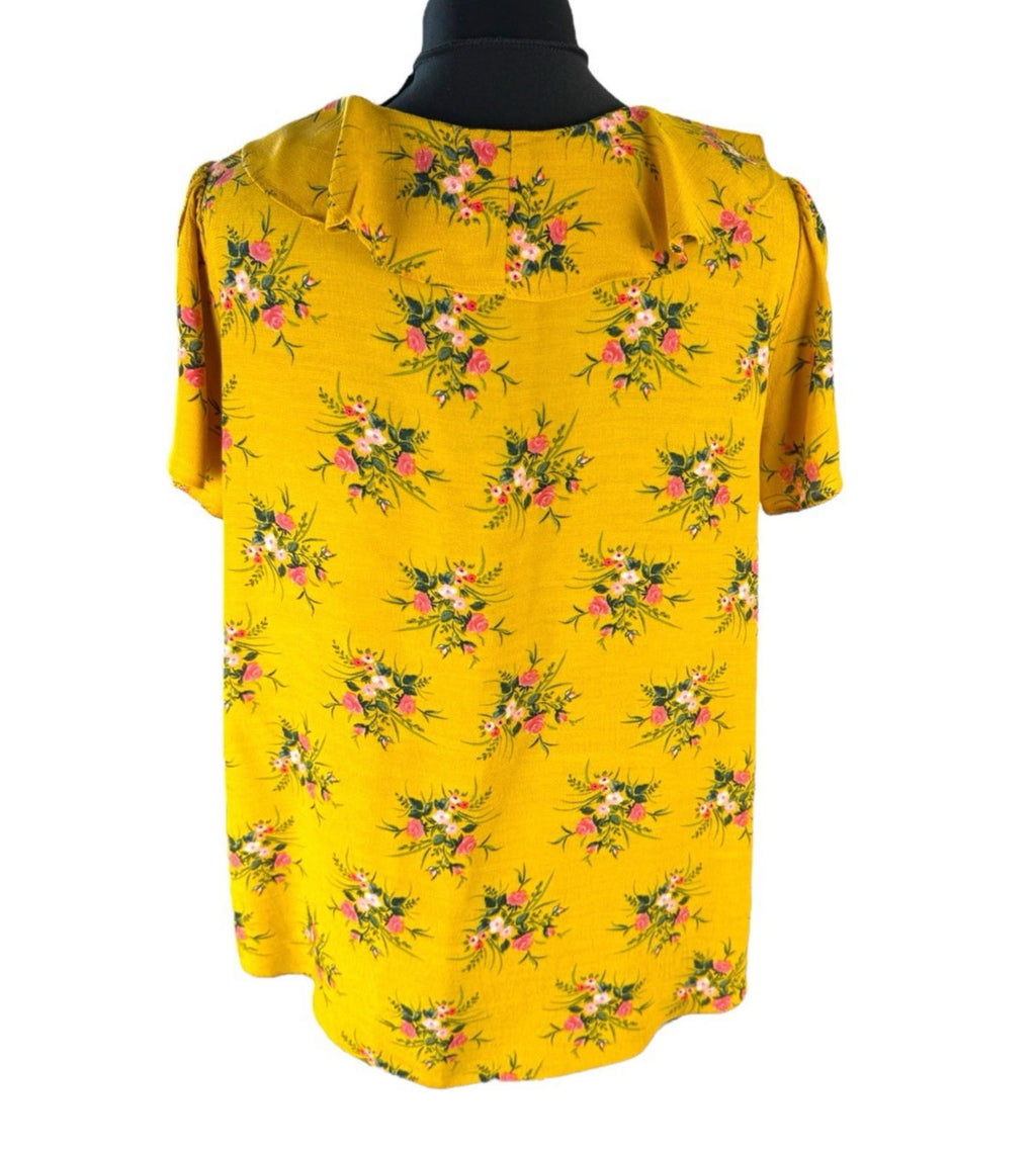 Dorothy Perkins Floral Blouse Women's UK Size 14 Yellow Ruffle Collar Tie Neck