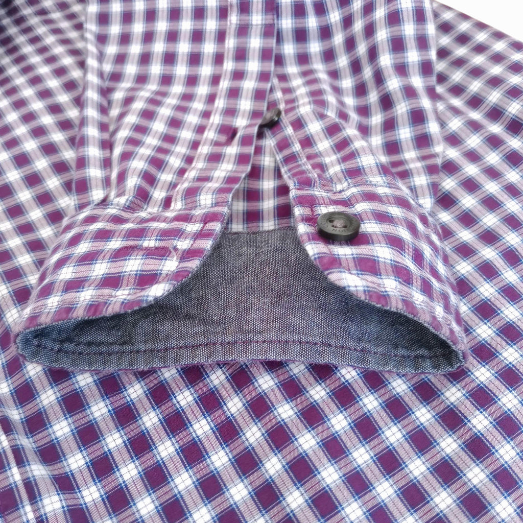 Marks & Spencer Plaid Shirt Men's UK Size L Purple White Button Down Long Sleeve
