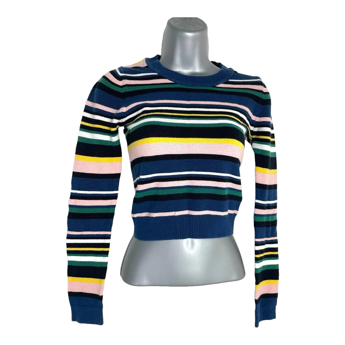 TopShop Multi Topshop Jumper Blue & Multicolour Stripe Cropped Long Sleeve Women's UK Size 8