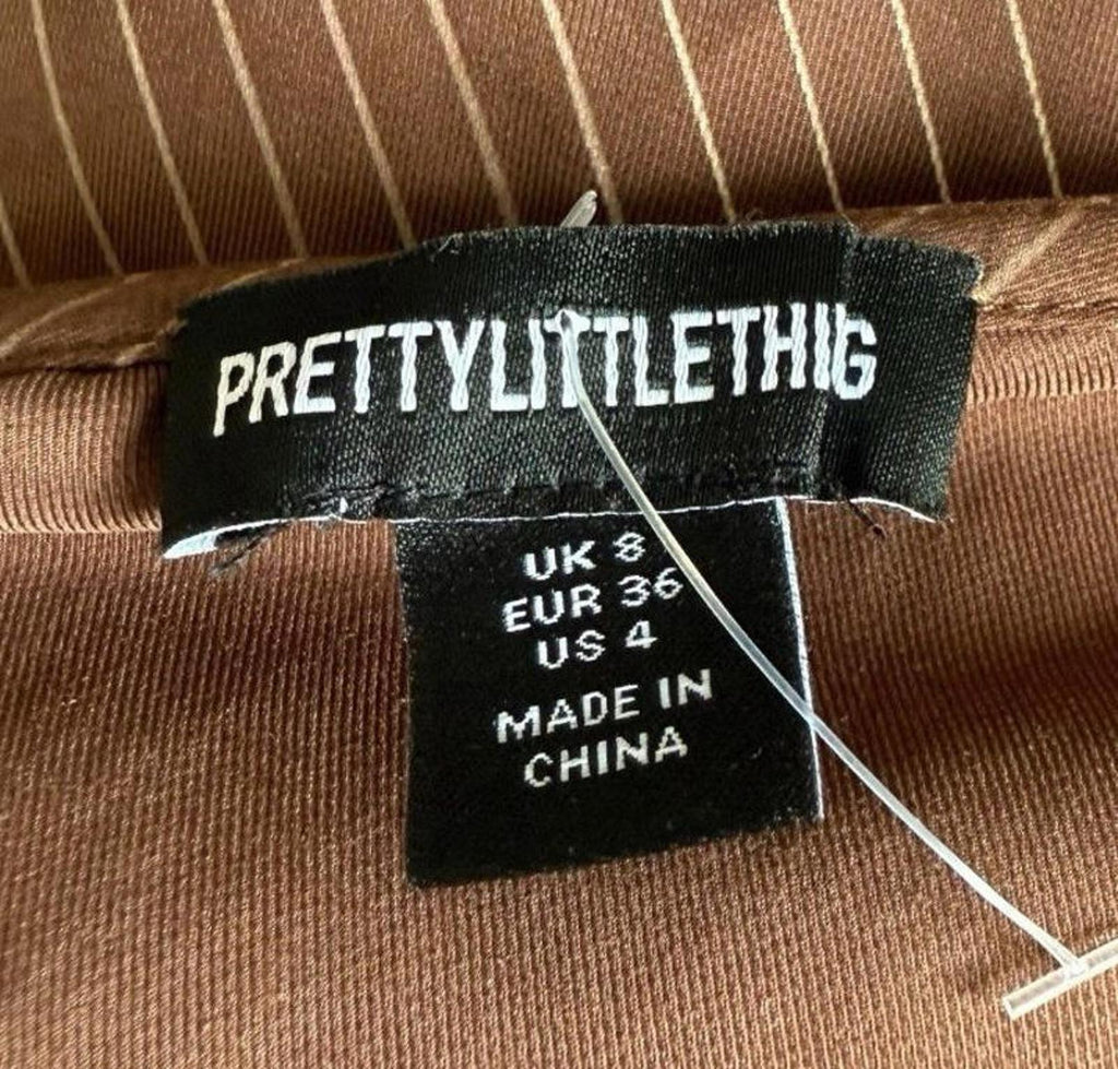 Pretty Little Thing Brown Pretty Little Thing Stripe Plunge Top Women's UK Size 8 Long Sleeve Shirt Blouse