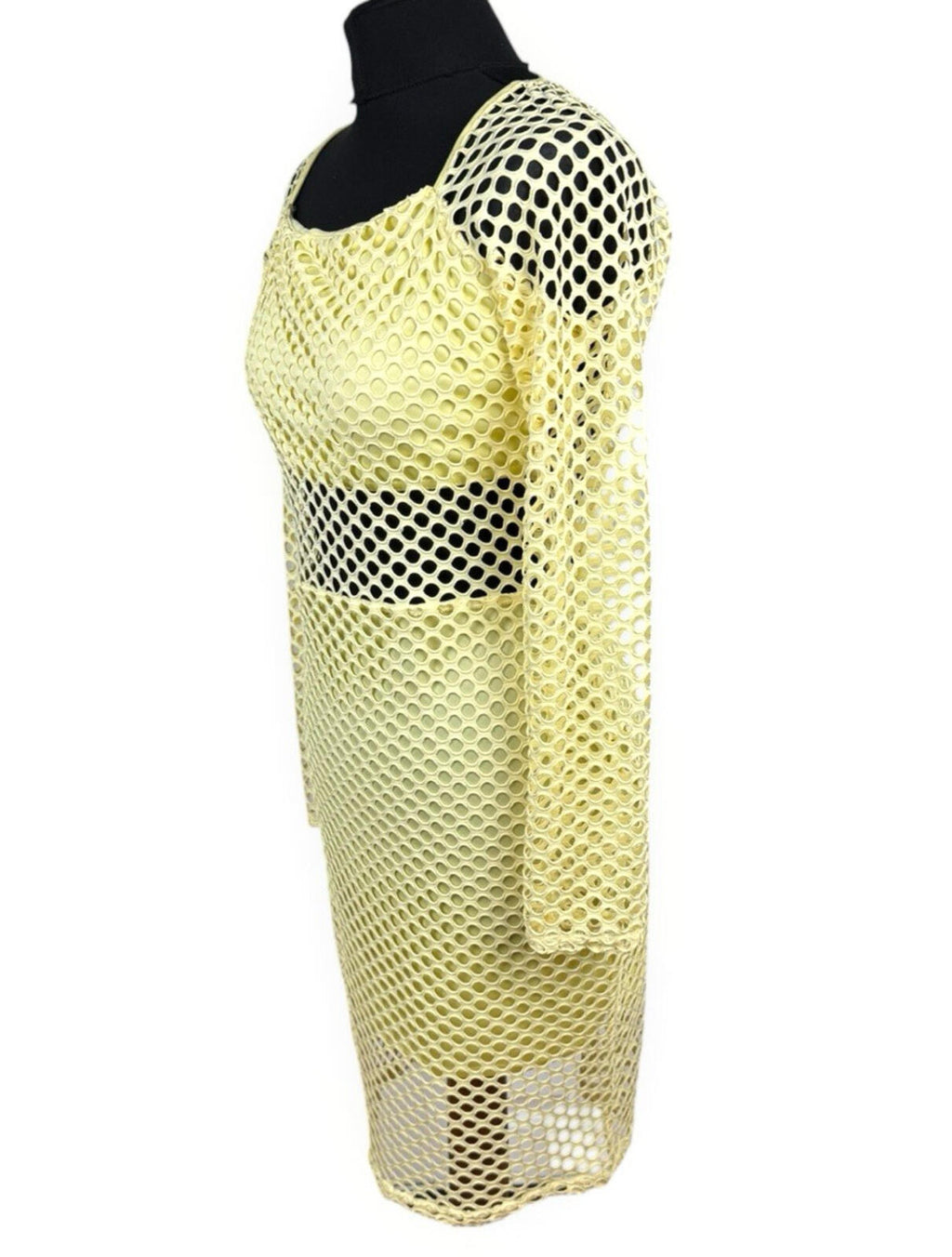 Edge Fishnet Bodycon Midi Dress Women's UK Size 14 Long Sleeve Stretch Yellow