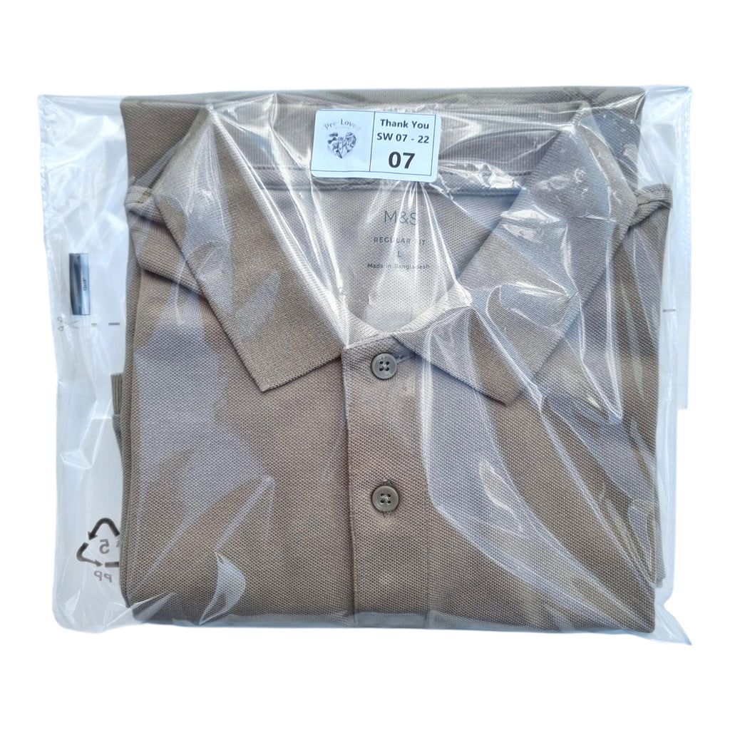 Marks & Spencer Tan M&S Polo Shirt Men's UK Size L Beige Sand Short Sleeve 100% Cotton 41-43" Chest