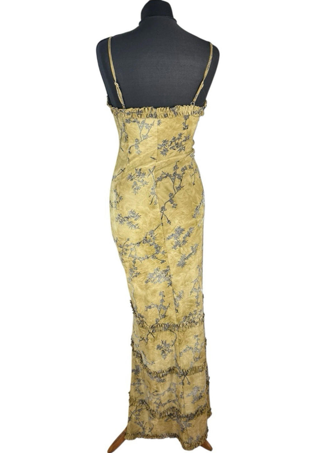 Pretty Little Thing Floral Bodycon Dress Gold Women's UK Size 8 Ruched Cut Out Waist