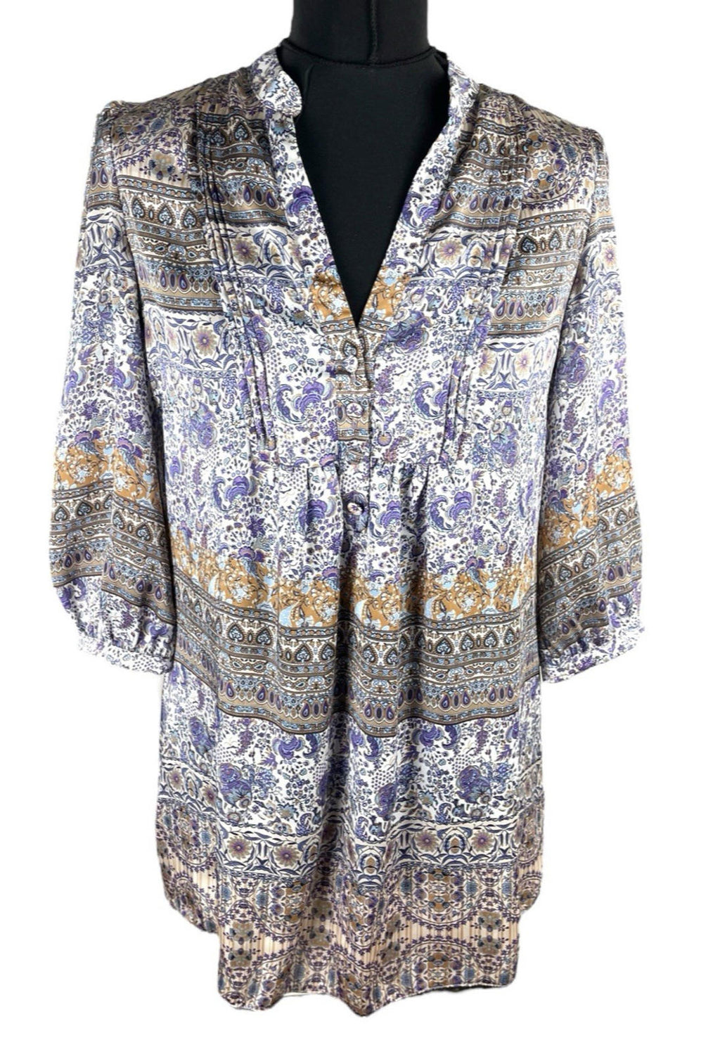 Wallis Satin Tunic Top Women's UK Size 10 Paisley 3/4 Blouson Sleeves V-Neckline