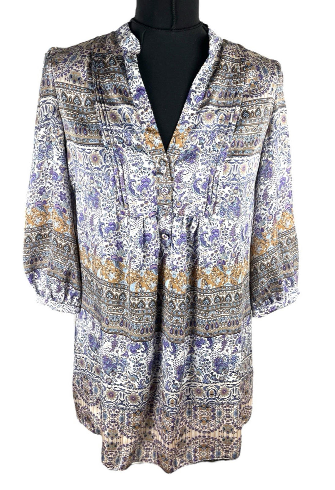 Wallis Satin Tunic Top Women's UK Size 10 Paisley 3/4 Blouson Sleeves V-Neckline