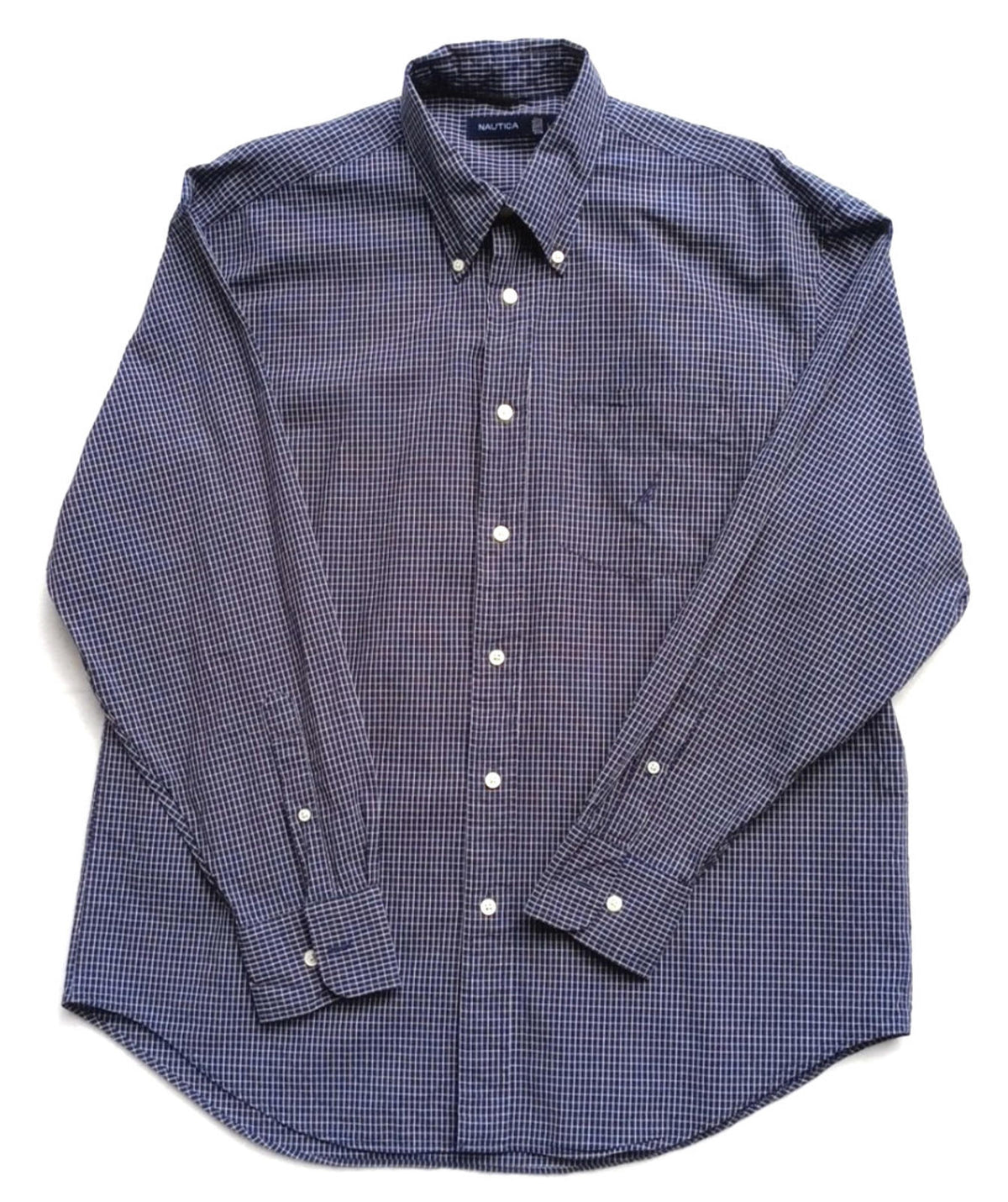 Nautica Blue Check Button Down Shirt Men's UK Size L Long Sleeve Pocket Vintage