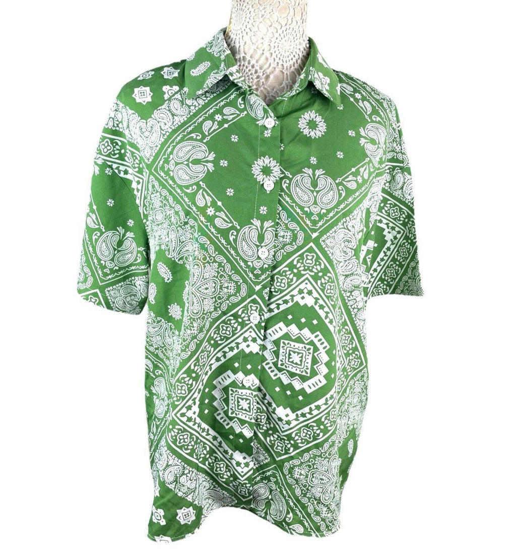 Shein Green & White Paisley Print Shirt Blouse Women's UK Size M