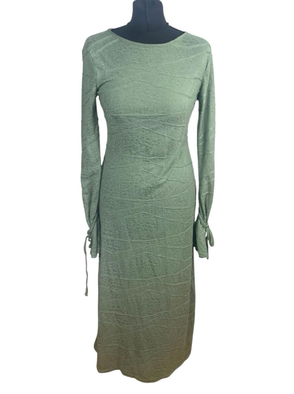 Backless Midi Dress Women's UK Size S Long Sleeve Textured Khaki Green