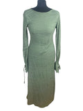Backless Midi Dress Women's UK Size S Long Sleeve Textured Khaki Green