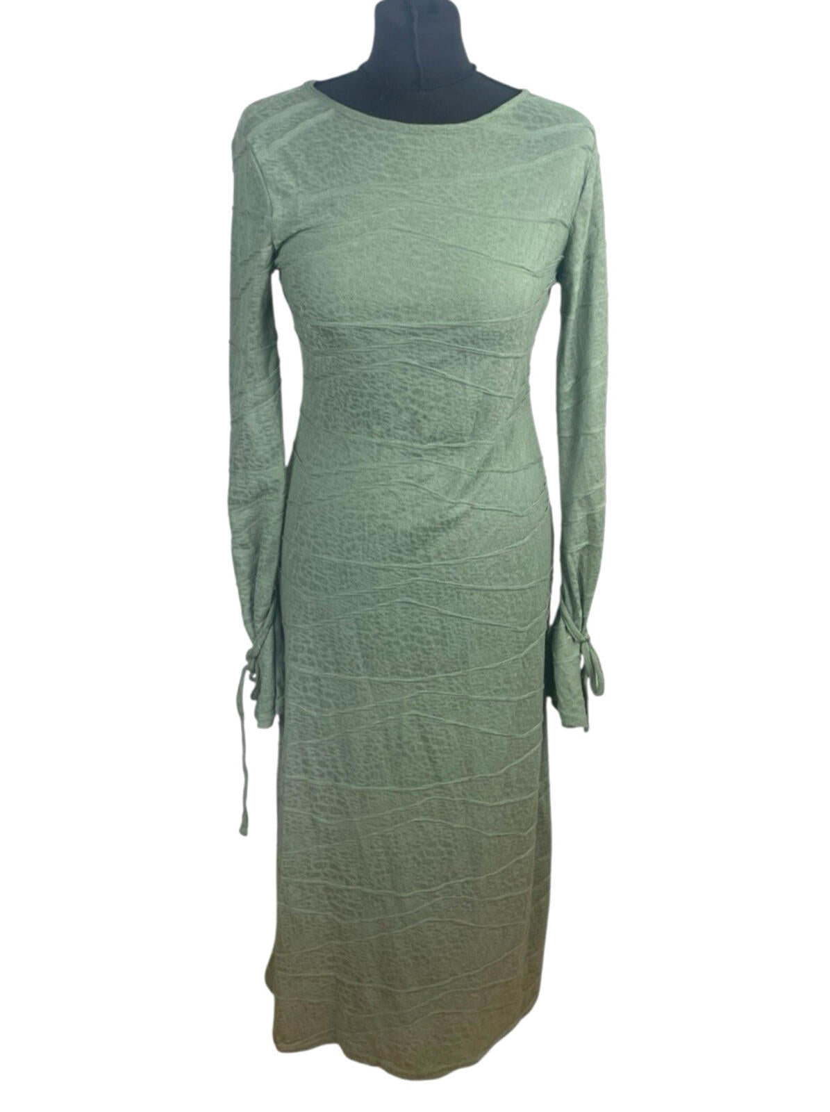 Backless Midi Dress Women's UK Size S Long Sleeve Textured Khaki Green