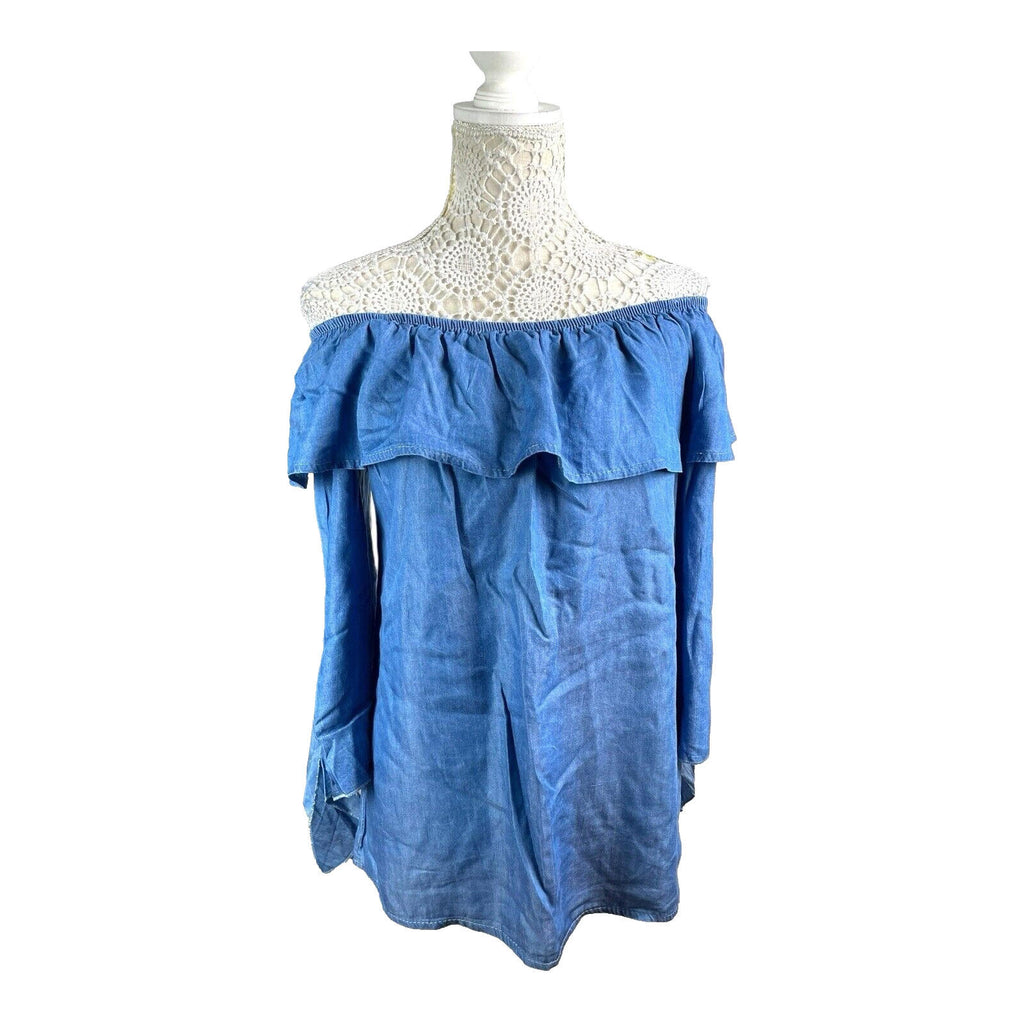 Quiz Off-Shoulder Blouse Women's UK Size M-L Blue Denim Style Ruffle Long Sleeve