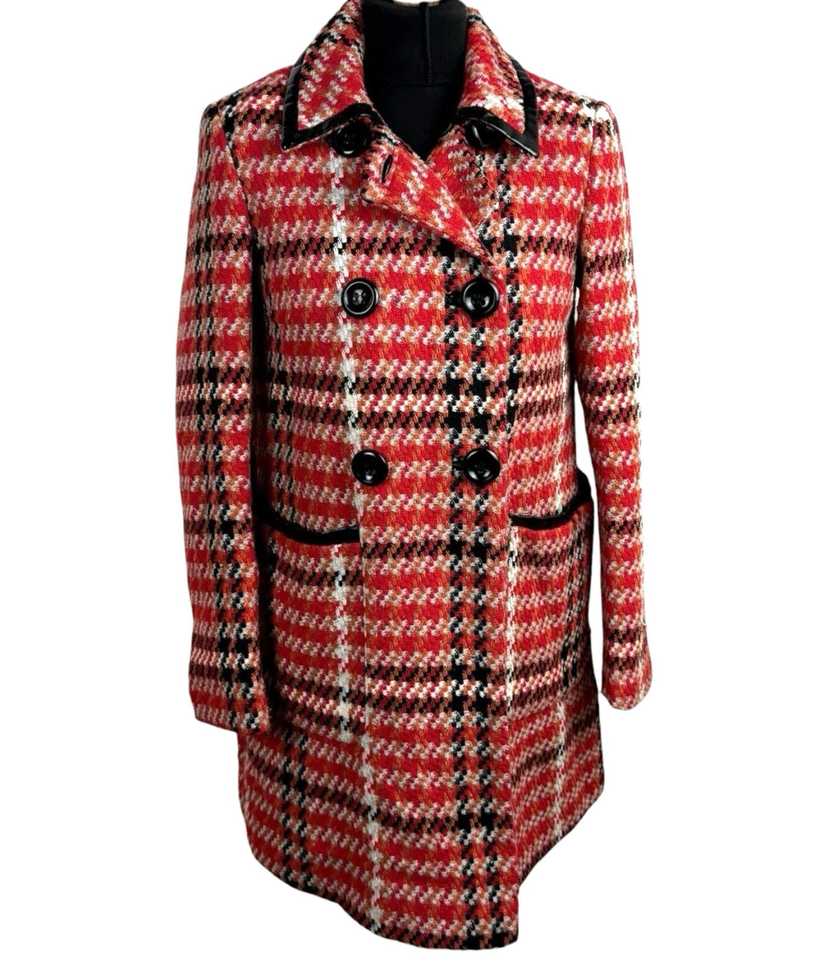 Topshop Red Check Overcoat Women's UK Size 8 Collared Pockets Lined Button Up