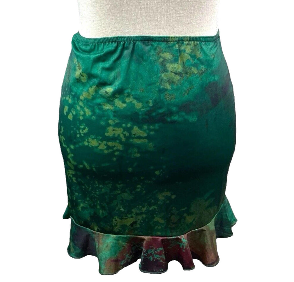 Manor Mini Skirt Dark Green Satin High Waist Frilled Hem Women's UK Size 8