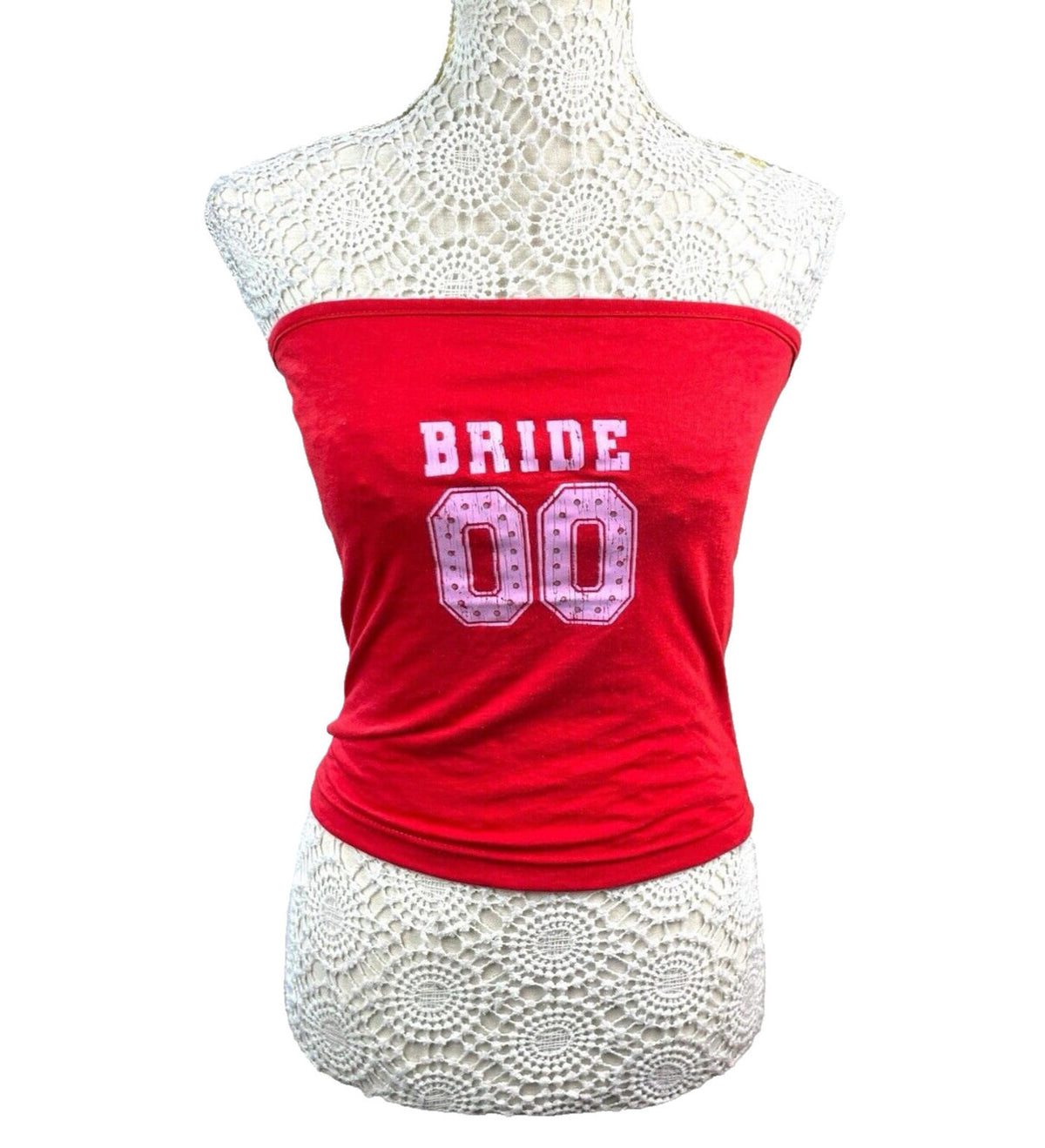 Pretty Little Thing Red Strapless Tank Top Bride 00 Print Women's UK Size 8
