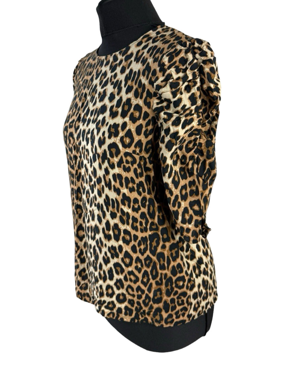 H&M Brown H&M Leopard Print Blouse Women's UK Size XS Relaxed Fit Puff-Sleeved Lightweight