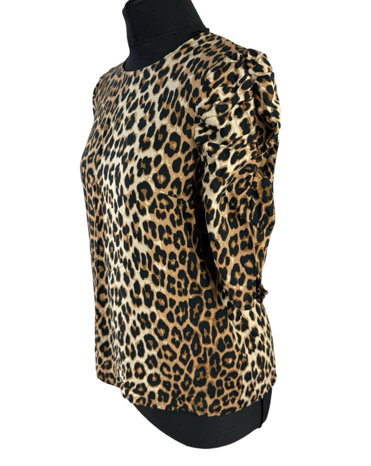 H&M Brown H&M Leopard Print Blouse Women's UK Size XS Relaxed Fit Puff-Sleeved Lightweight