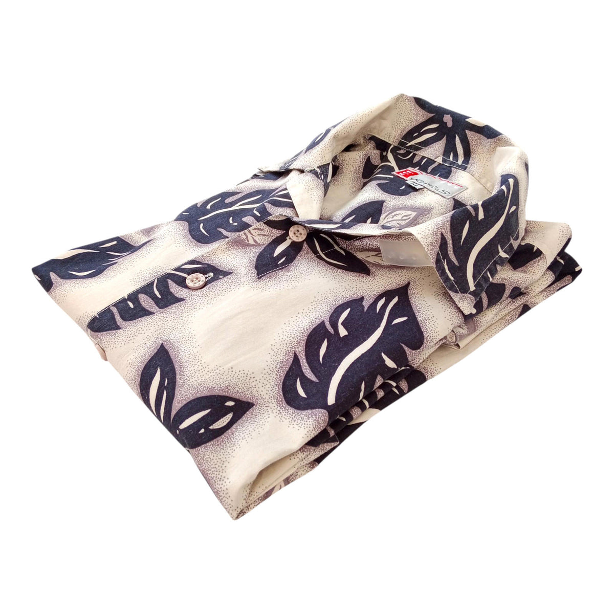 R.F.S. Shirt Short Sleeve Beige Leaf Pattern 100% Cotton Men's UK Size L Large