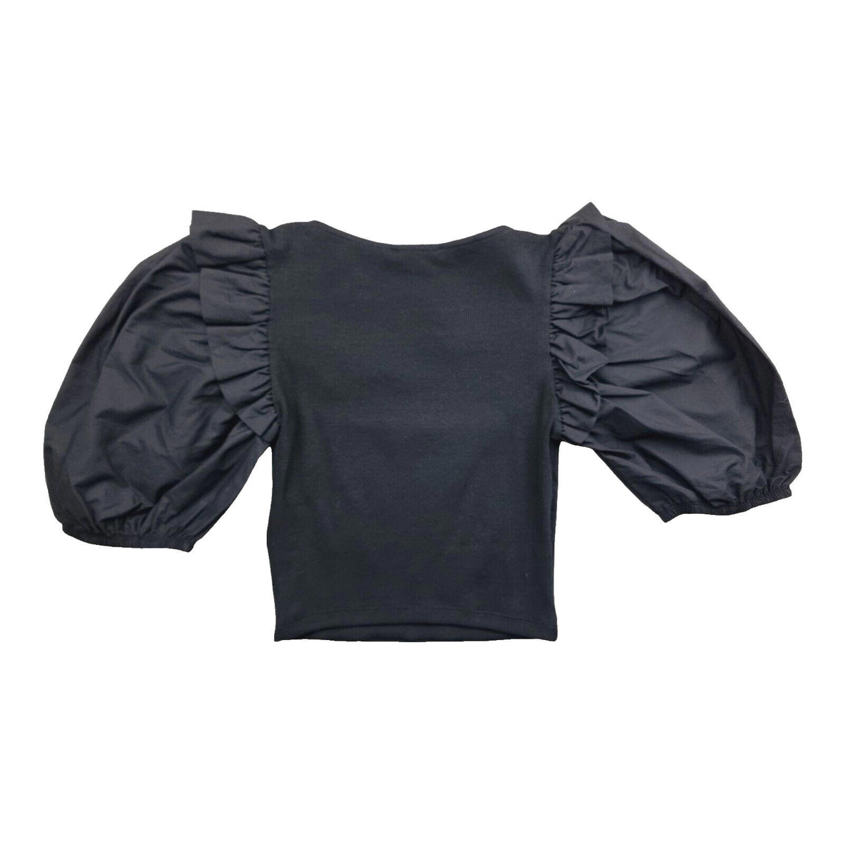 ZARA Black Zara Crop Top Balloon Sleeve Black Ribbed Ruffle Women's UK Size Small S
