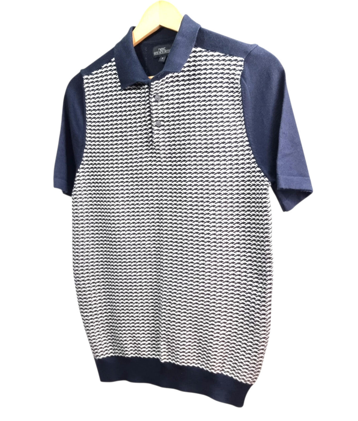 Next Knit Polo Shirt Men's UK Size M Navy Blue Textured Short Sleeve 100% Cotton
