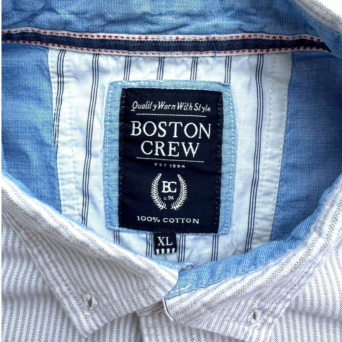 Boston Crew Shirt Men's UK Size XL White & Beige Stripe Casual Short Sleeve