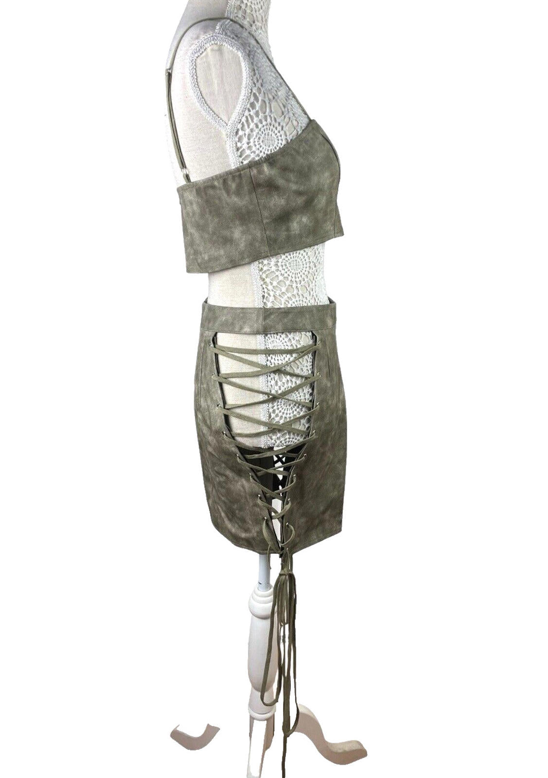 Pretty Little Thing Lace-Up Skirt & Crop Top Set Women's UK Size 8 Faux Leather