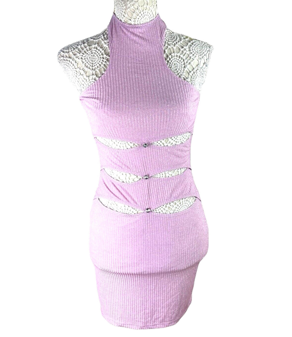Figi Lilac Ribbed Cut Out Bodycon Mini Dress Halter Neck Women's UK Size 8