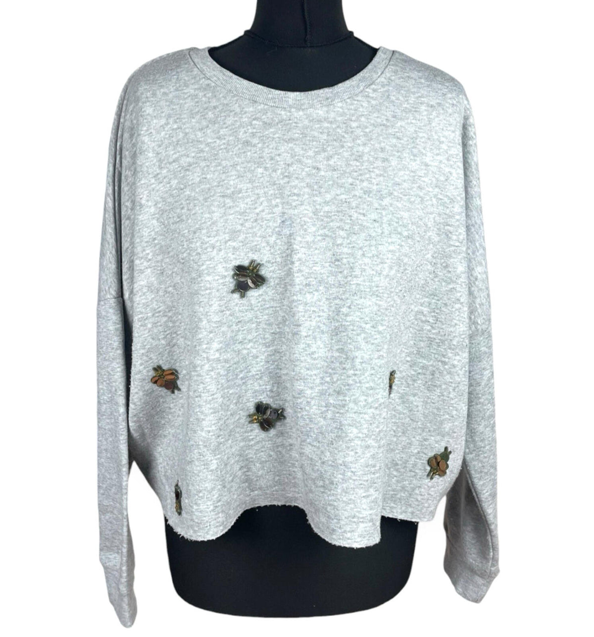 Primark Dragonfly Sequin Jumper Women's UK Size L Cropped Light Grey Gold Detail