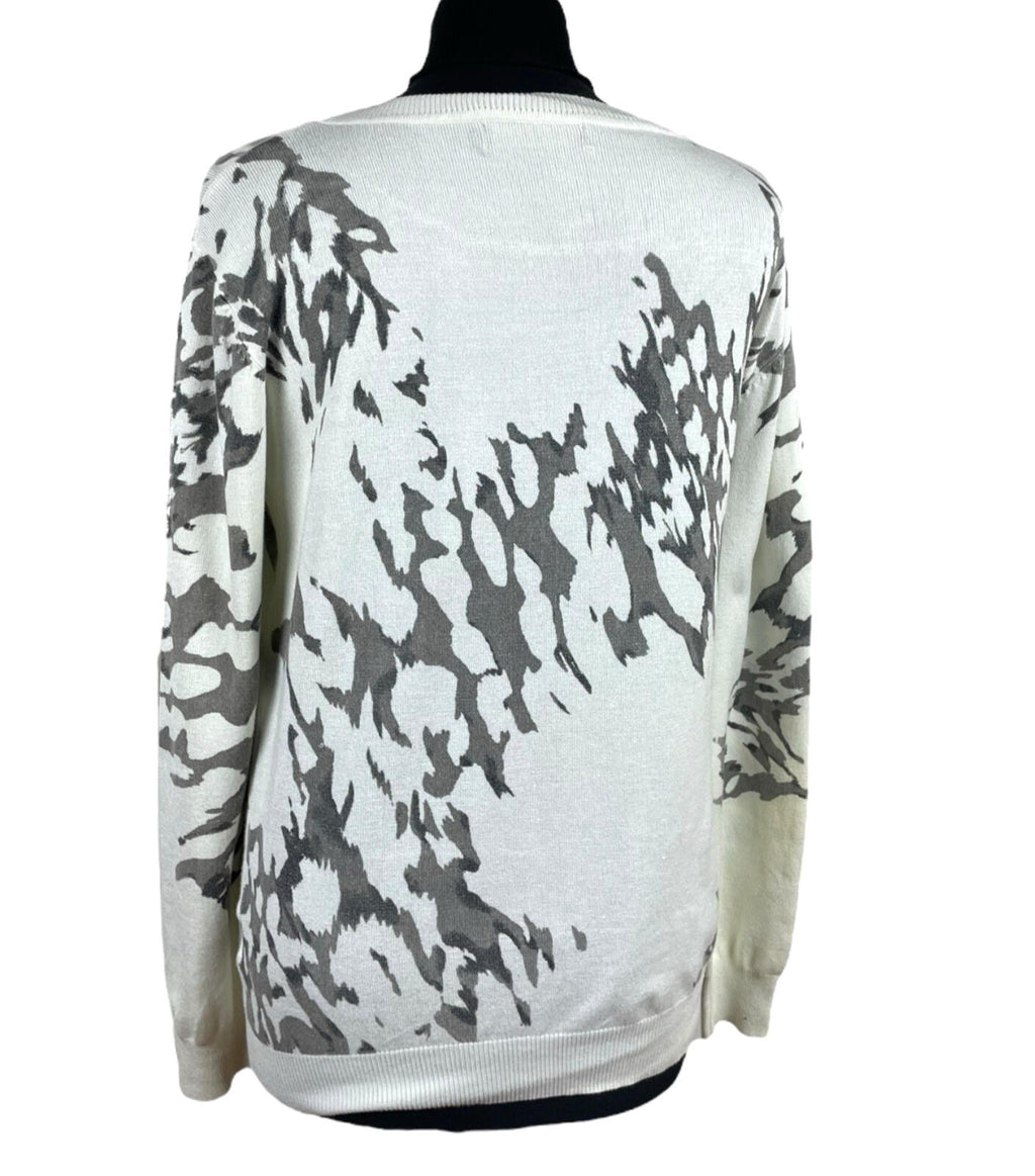 Just Elegance Thin White Jumper Grey Gold Pattern Round Neck Women's UK Size L