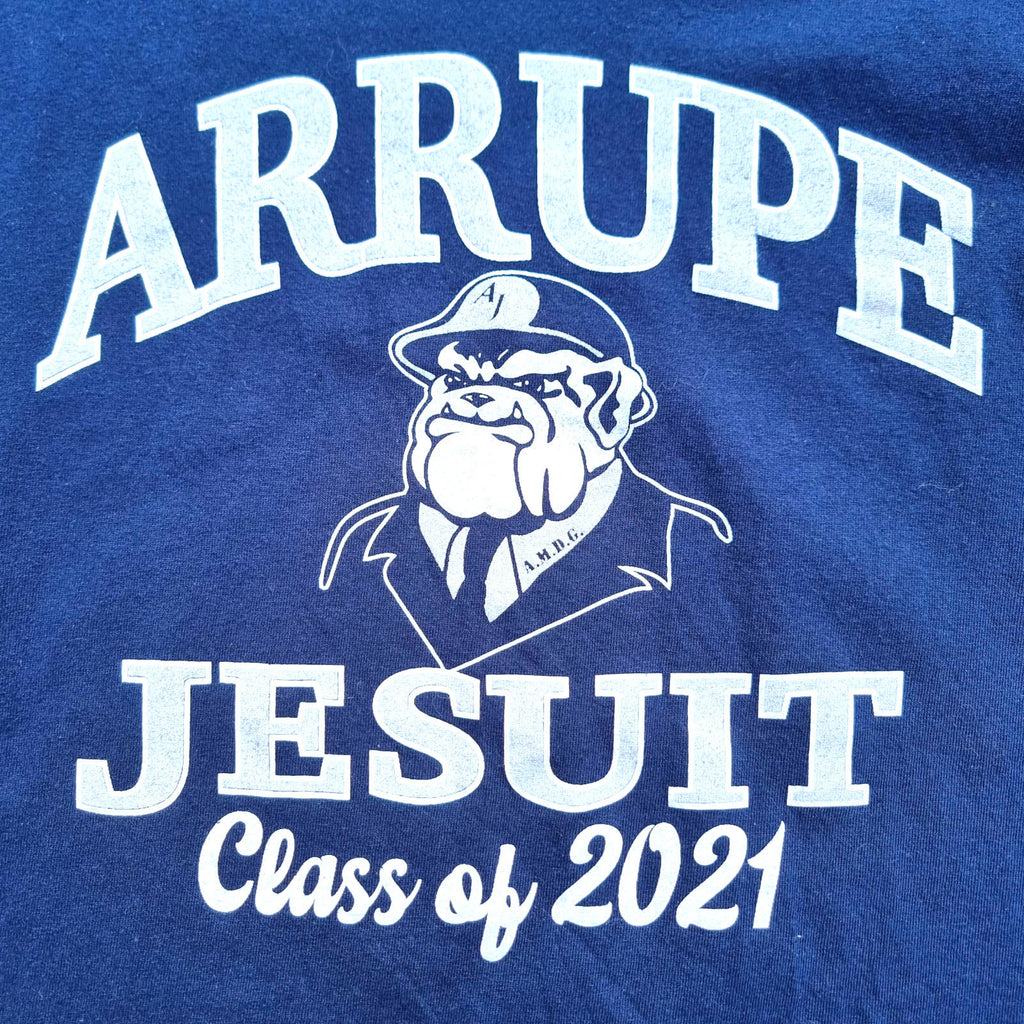 Gildan Blue Arrupe Jesuit Graphic Print T-Shirt Men's UK Size M Blue Crew Neck 100% Cotton