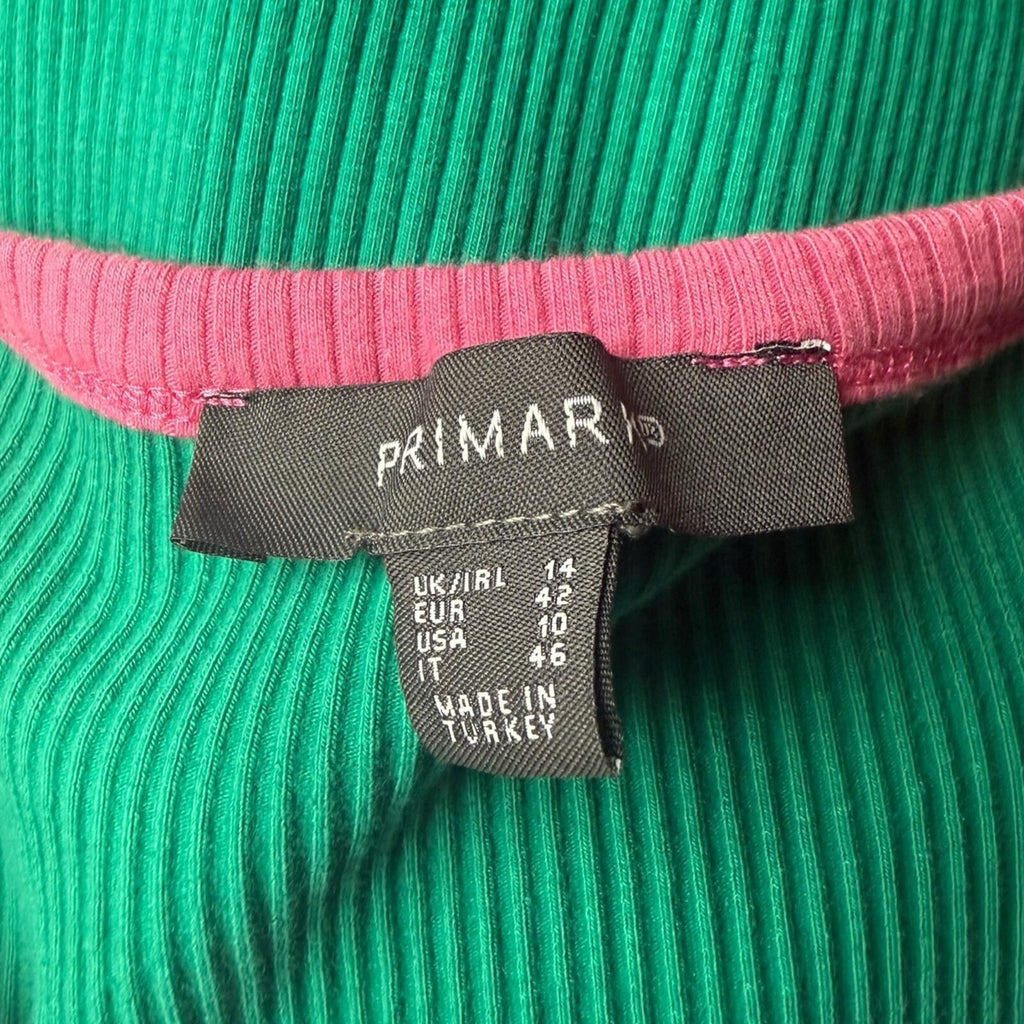 Primark Ribbed Mini Dress Women's UK Size 14 Sleeveless Stretch Green Pink Trim