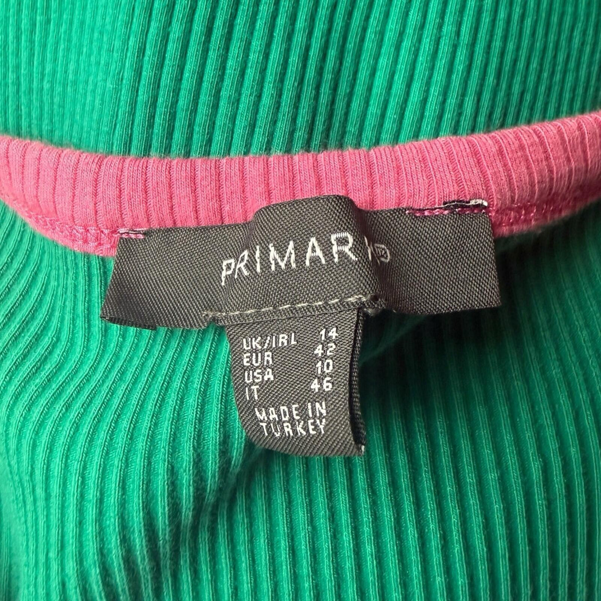 Primark Ribbed Mini Dress Women's UK Size 14 Sleeveless Stretch Green Pink Trim