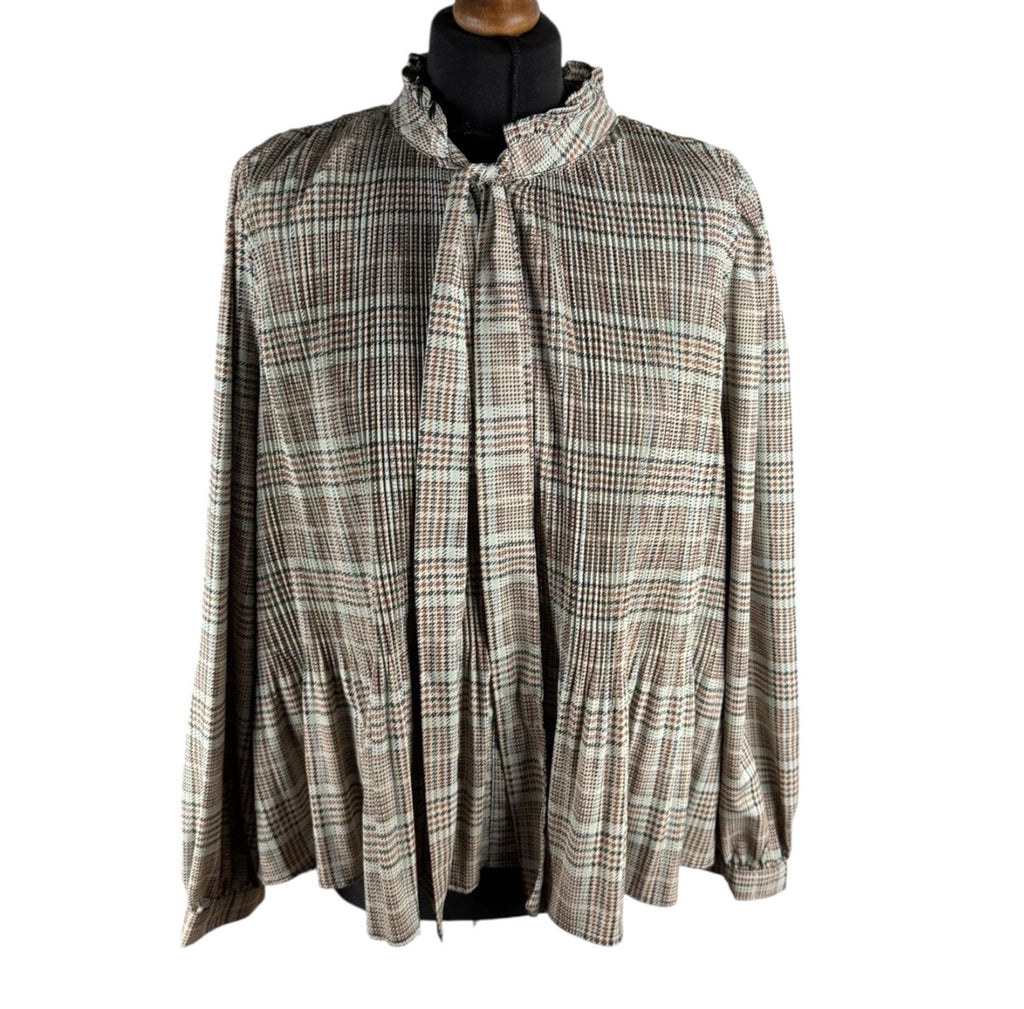 Zara Brown Beige Blouse Tie Neck Top Frilled Hem Women's UK Size L