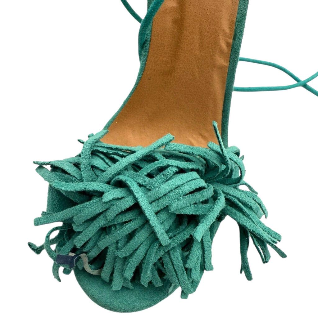 No Doubt DarkGreen No Doubt Strap Up Stiletto Shoes Women's UK Size 4 Open Tasseled Toe Green Suede