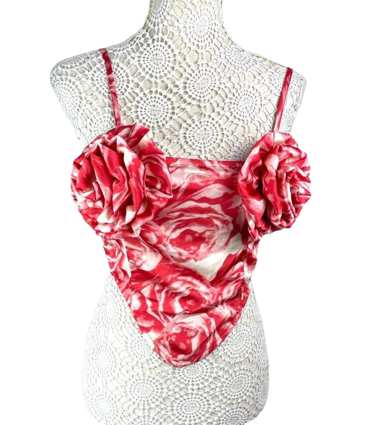 Pretty Little Thing Red & Cream Satin Flower Crop Top Women's UK Size 8